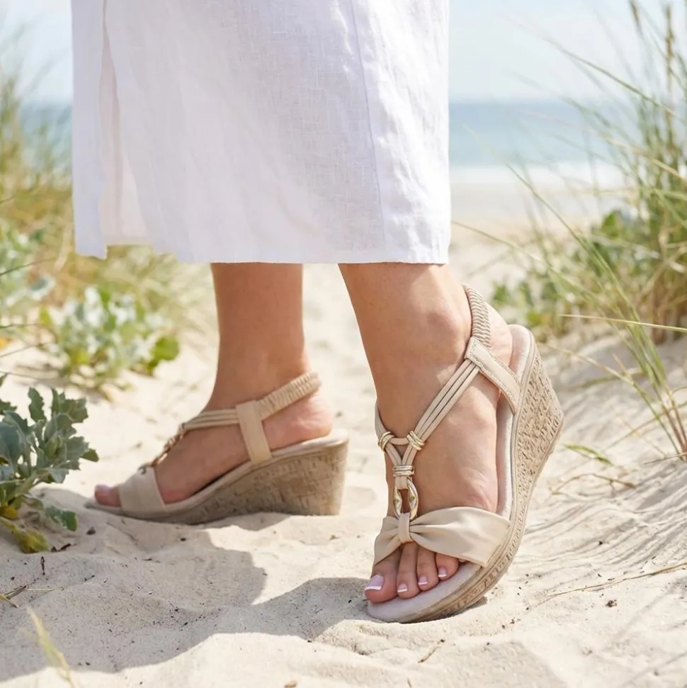 Bow Detail Wedge Slingback Sandals - Beige