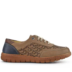Breathable Leather Lace-Up Trainers - Taupe Multi