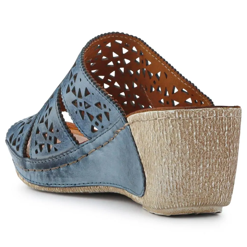 Breathable Leather Wedged Mules - Denim