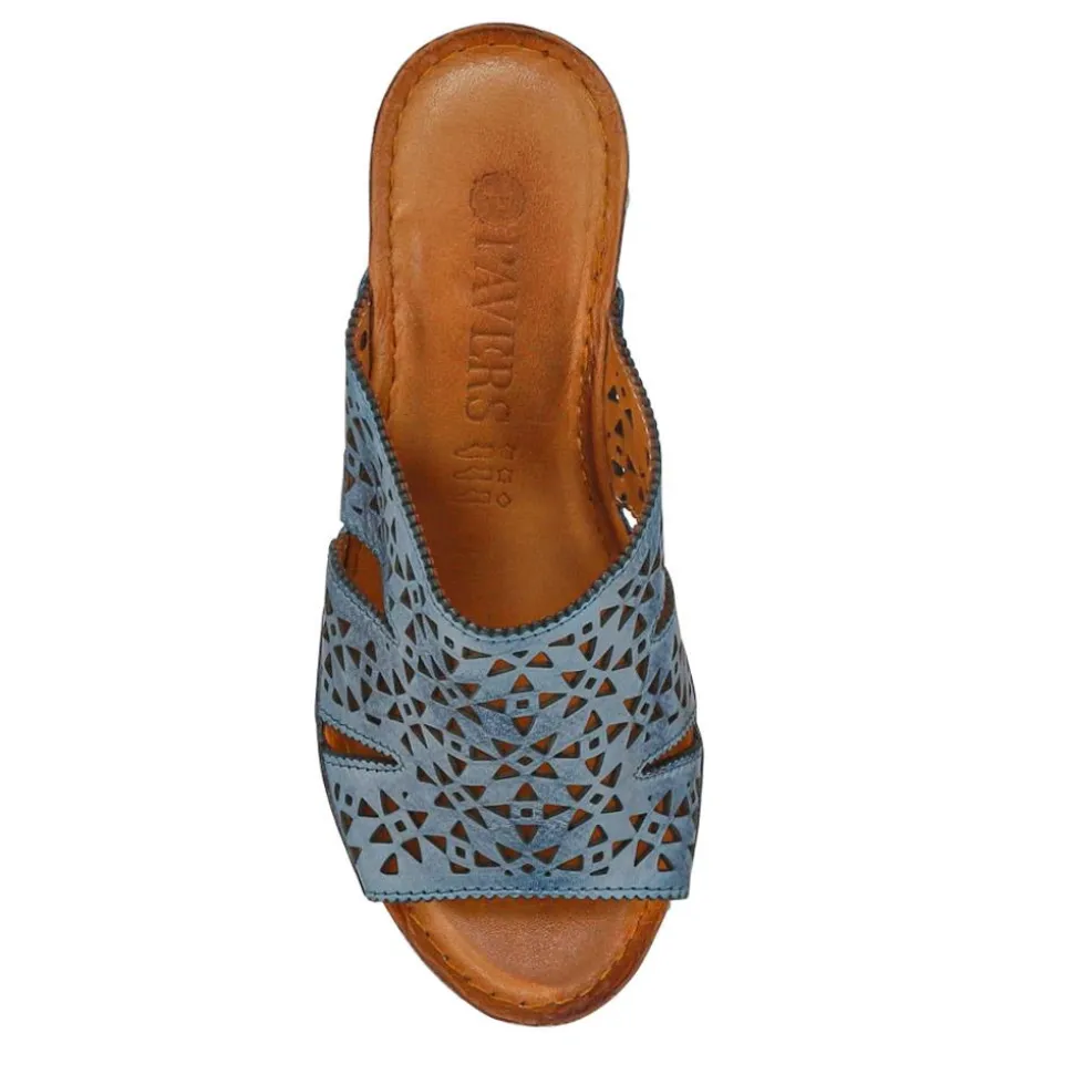 Breathable Leather Wedged Mules - Denim
