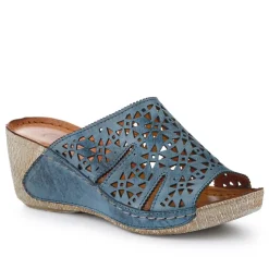 Breathable Leather Wedged Mules - Denim