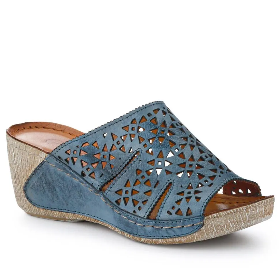 Breathable Leather Wedged Mules - Denim