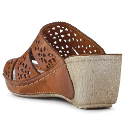 Breathable Leather Wedged Mules - Tan