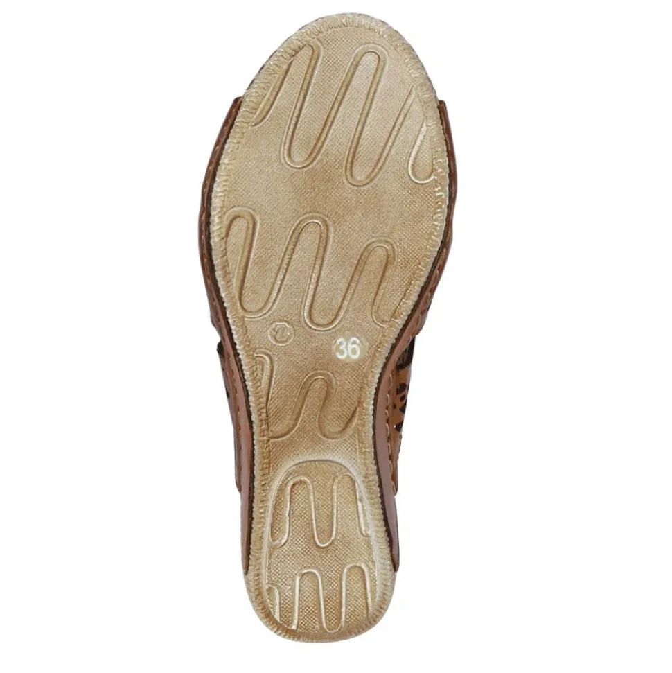 Breathable Leather Wedged Mules - Tan