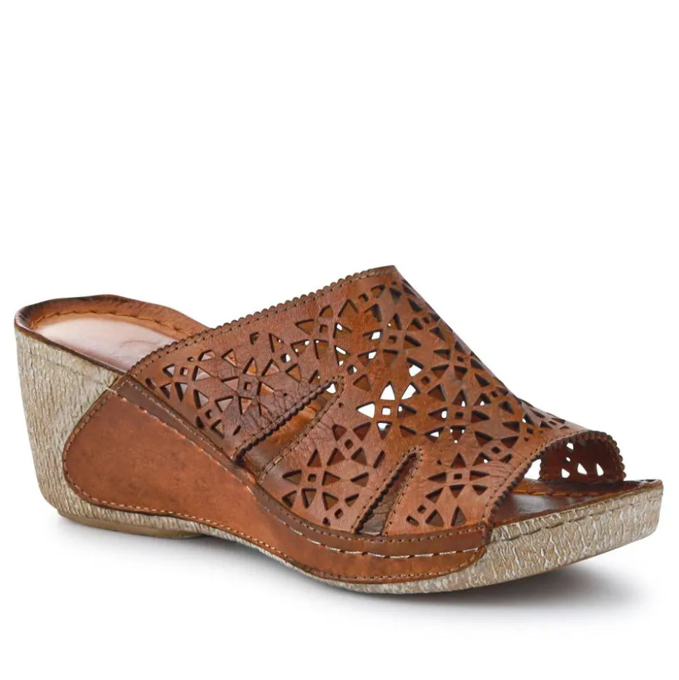 Breathable Leather Wedged Mules - Tan