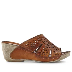 Breathable Leather Wedged Mules - Tan
