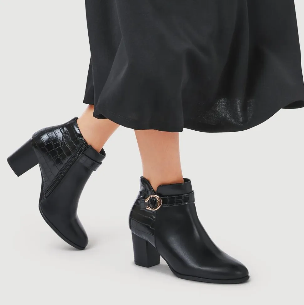Buckled Block-Heeled Ankle Boots - Black