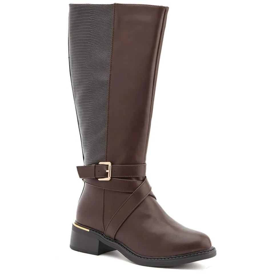 Buckled Calf-Length Boots - Brown