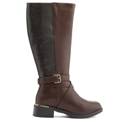 Buckled Calf-Length Boots - Brown