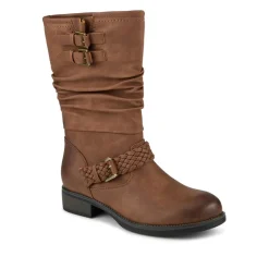 Buckle-Detailed Calf Length Boots - Tan