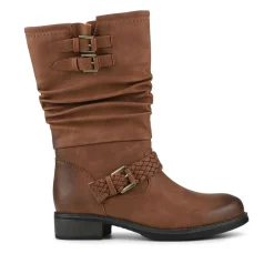 Buckle-Detailed Calf Length Boots - Tan