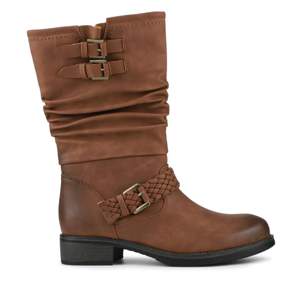 Buckle-Detailed Calf Length Boots - Tan