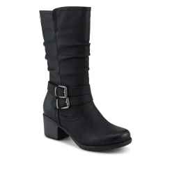 Buckle Detailed Stacked Heel Biker Boots - Black