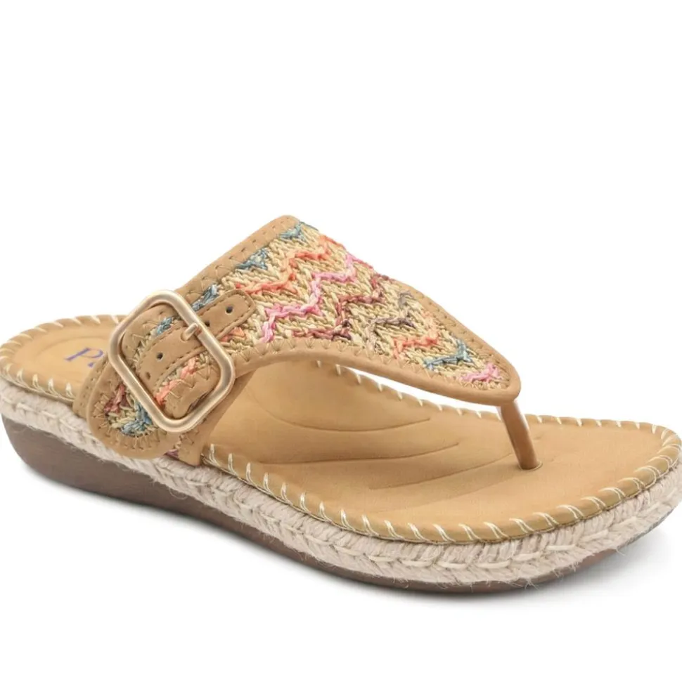 Buckle Detail Fabric Toe Post Sandals - Tan Multi