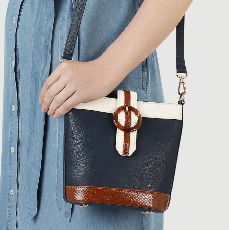 Buckle-Fasten Cross-Body Bag - Navy Tan