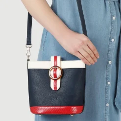 Buckle-Fasten Cross-Body Bag - White-Navy-Red