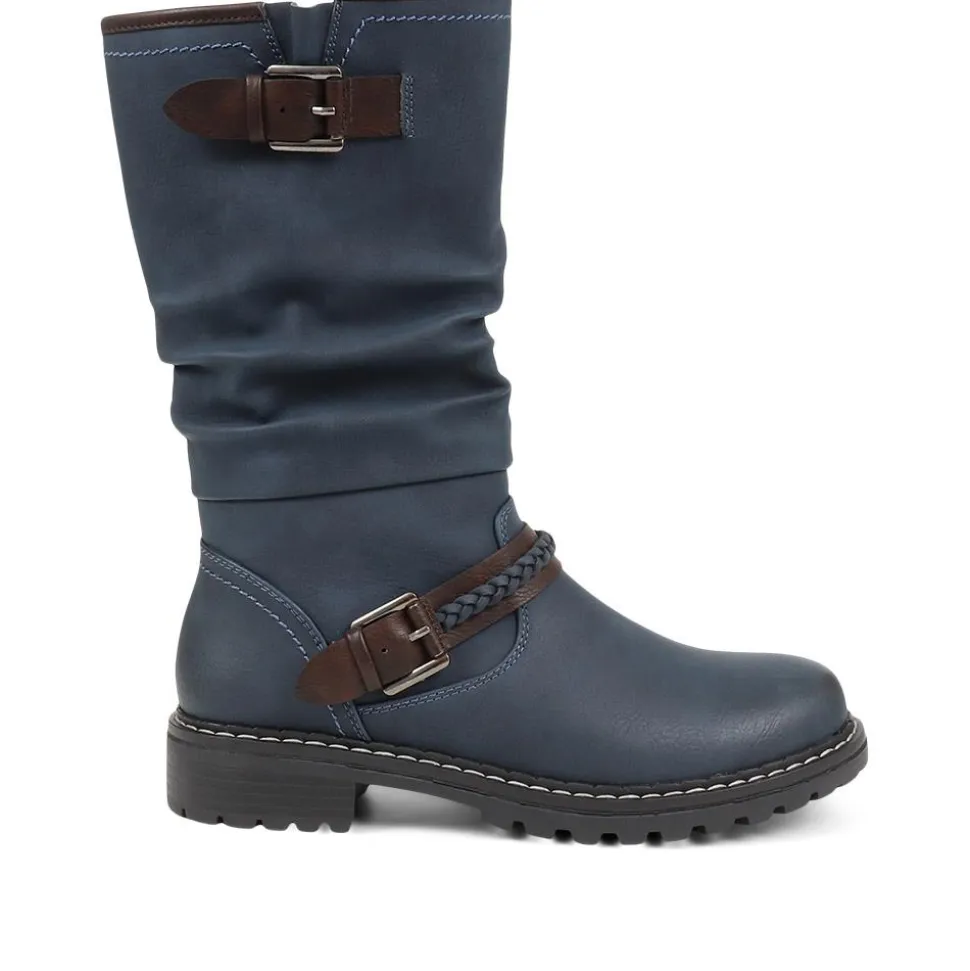 Buckle Mid Calf Boots - Navy