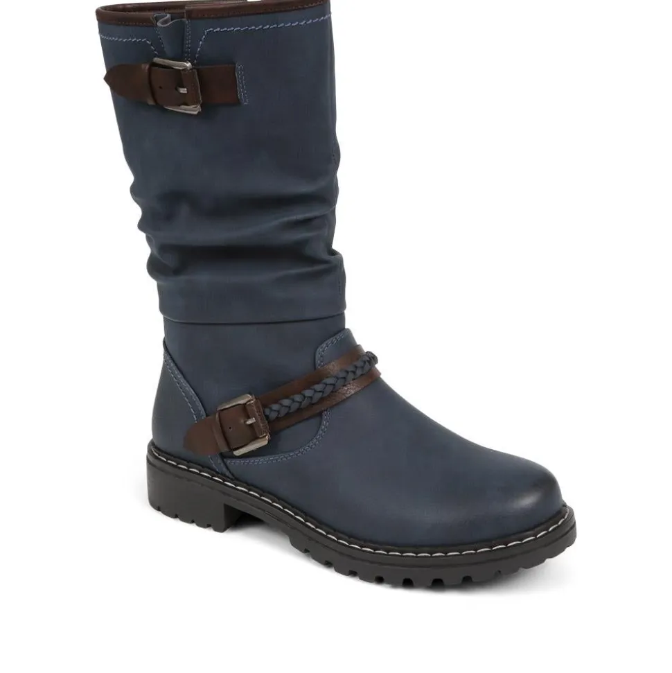 Buckle Mid Calf Boots - Navy