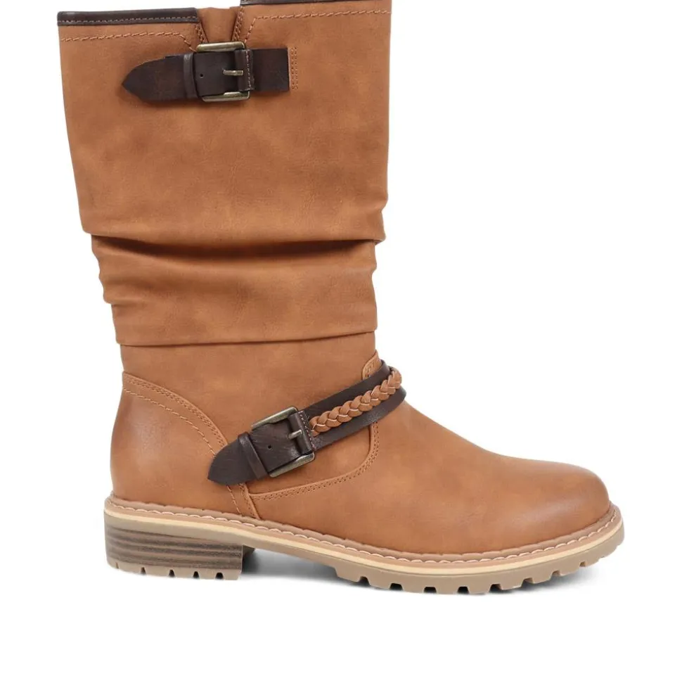 Buckle Mid Calf Boots - Tan