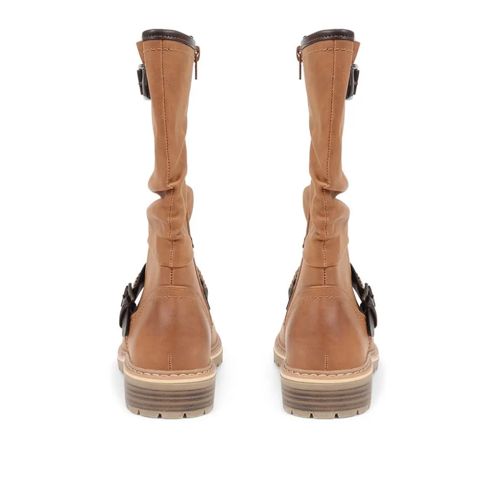 Buckle Mid Calf Boots - Tan