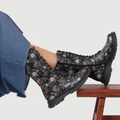 Calf-Length Boots With Inside Zip - Black Rose Floral