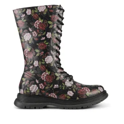 Calf-Length Boots With Inside Zip - Black Rose Floral