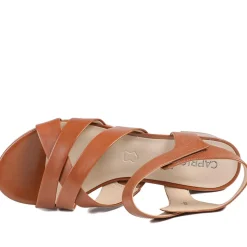 Caprice Leather Adjustable Fasten Heeled Sandals - Cognac