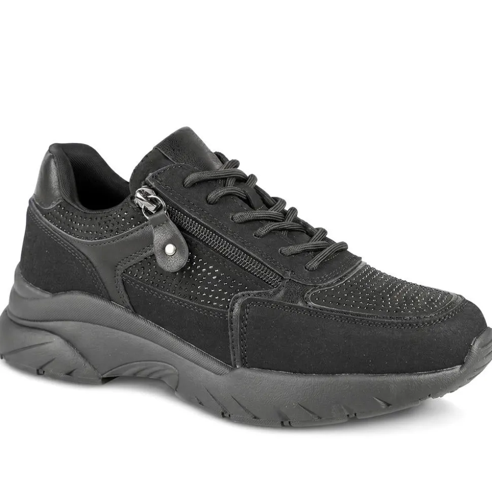 Casual Cushioned Zip & Lace Trainers - Black