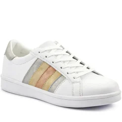 Casual Lace-Up Trainers - White Metallic