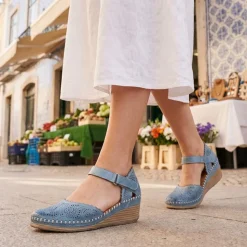 Casual Leather Touch Fasten Mary Janes - Denim Blue
