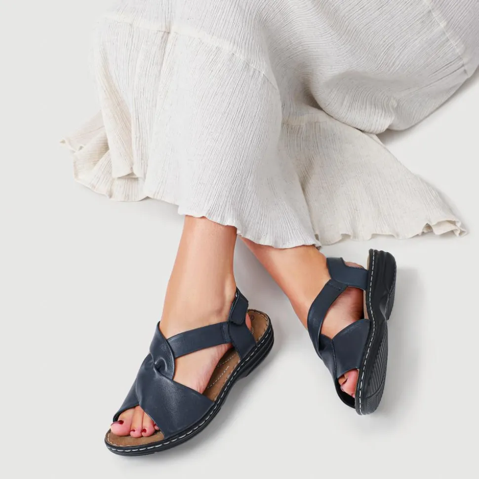 Casual Leather Touch-Fasten Sandals - Navy