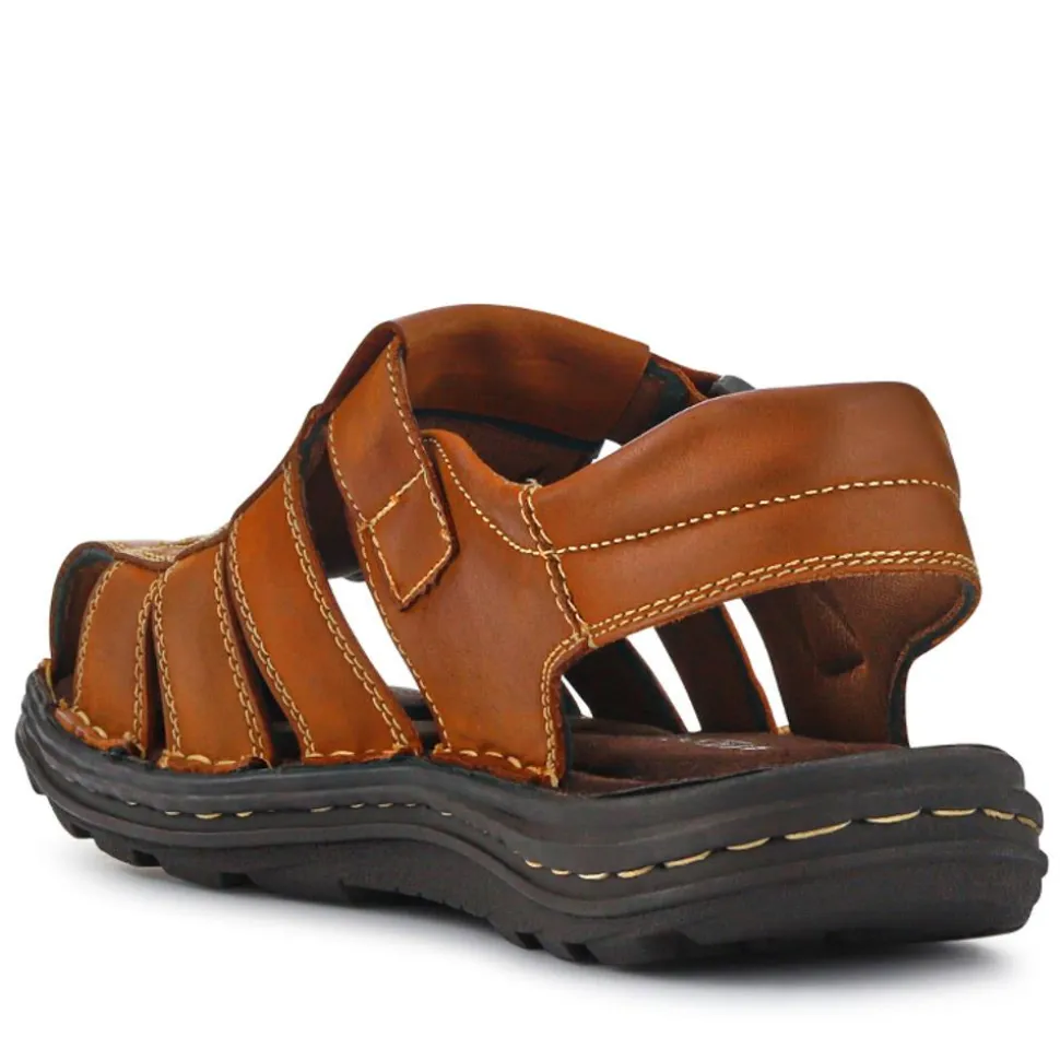 Casual Leather Touch-Fasten Sandals - Tan