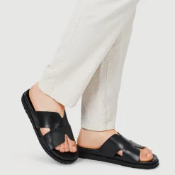 Casual Men's Leather Slide Sandals - Black