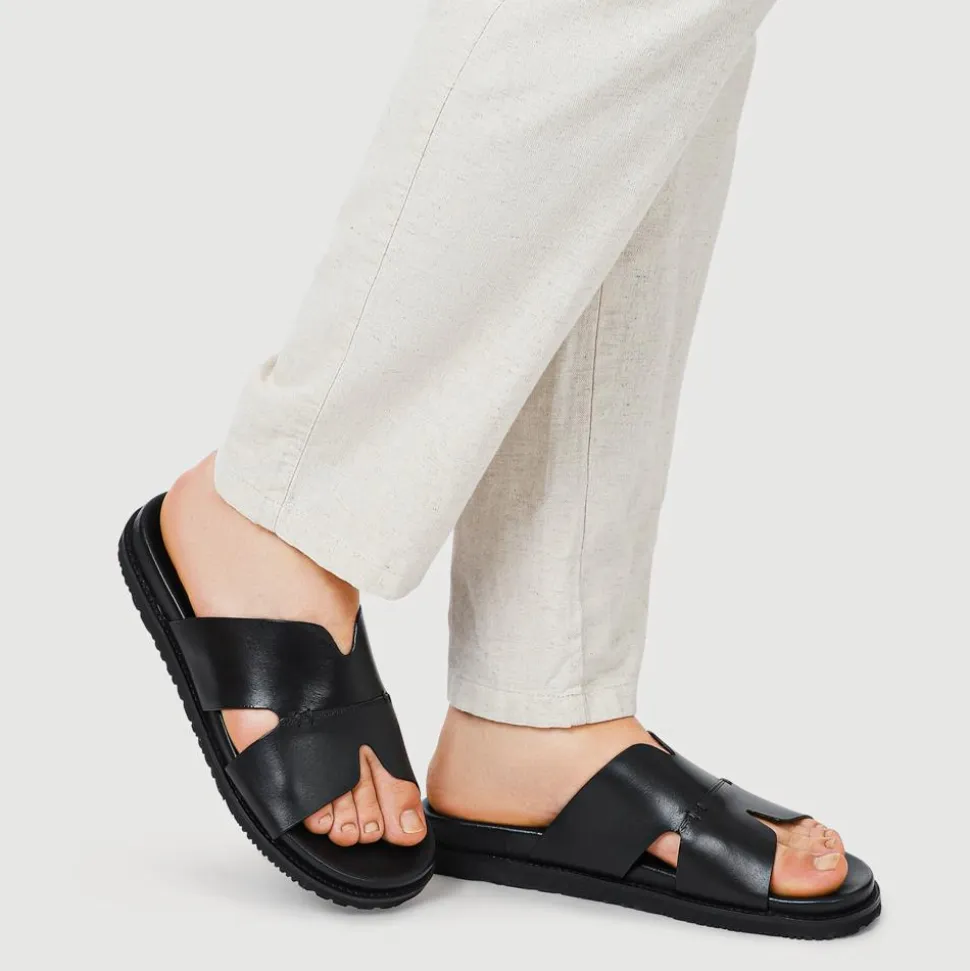 Casual Men's Leather Slide Sandals - Black