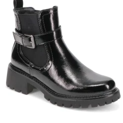 Chunky Buckled Ankle Boots - Black Patent