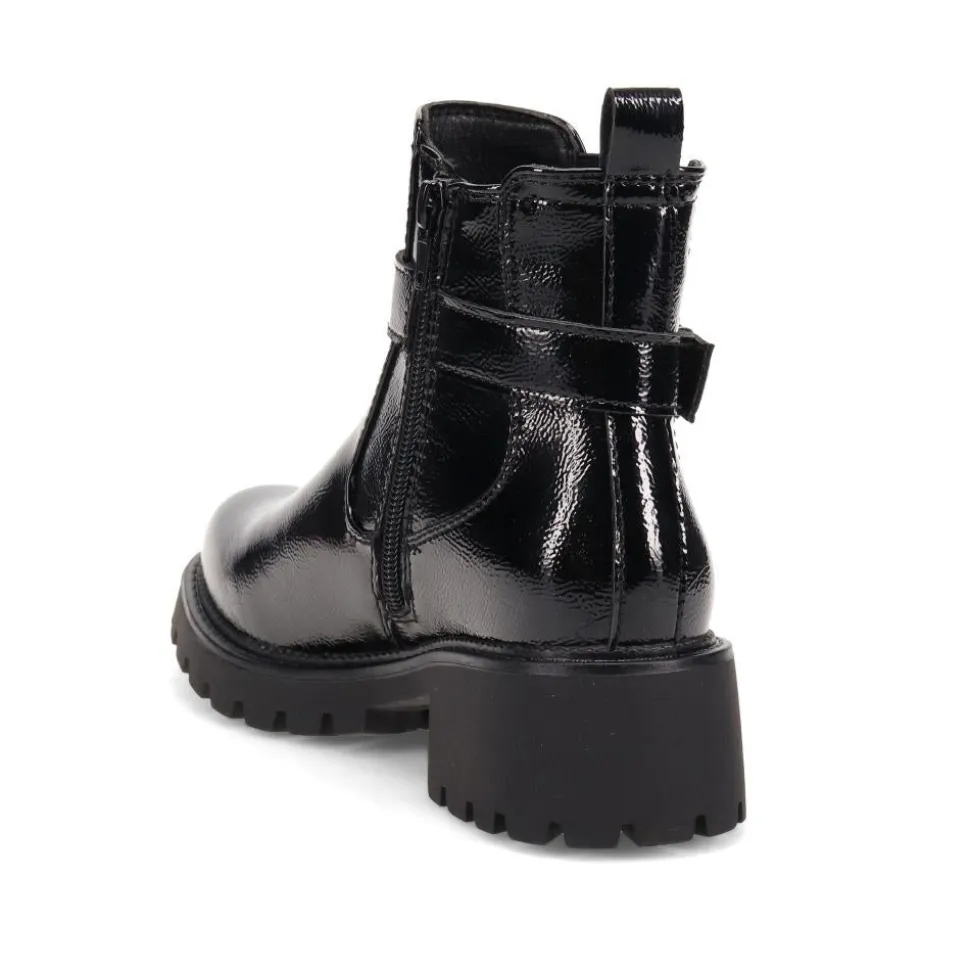 Chunky Buckled Ankle Boots - Black Patent