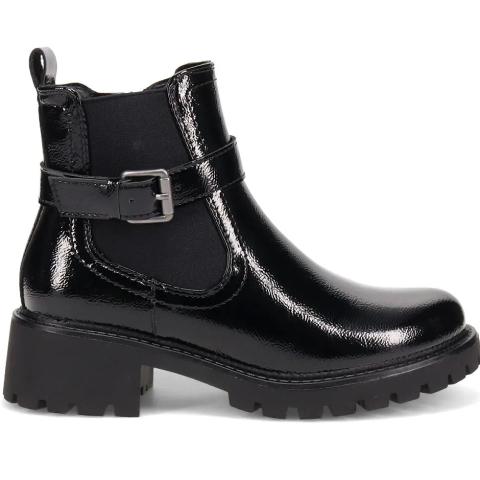 Chunky Buckled Ankle Boots - Black Patent