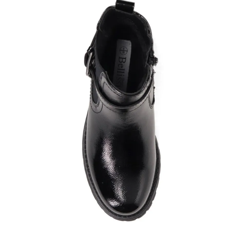 Chunky Buckled Ankle Boots - Black Patent