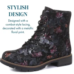 Chunky Lace-Up Ankle Boots - Black Floral