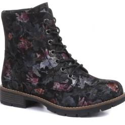 Chunky Lace-Up Ankle Boots - Black Floral