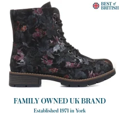 Chunky Lace-Up Ankle Boots - Black Floral