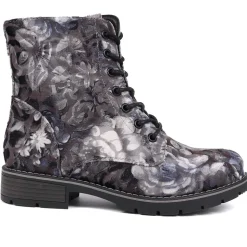 Chunky Lace-Up Ankle Boots - Grey Floral