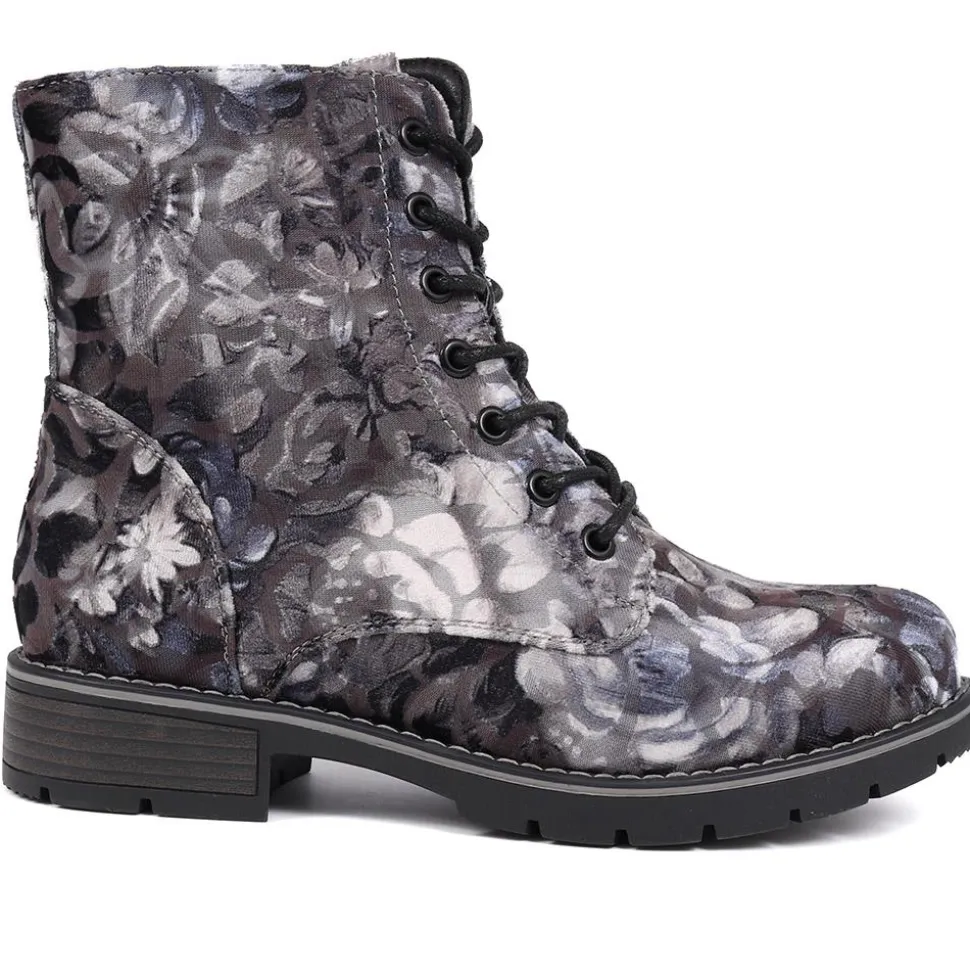 Chunky Lace-Up Ankle Boots - Grey Floral