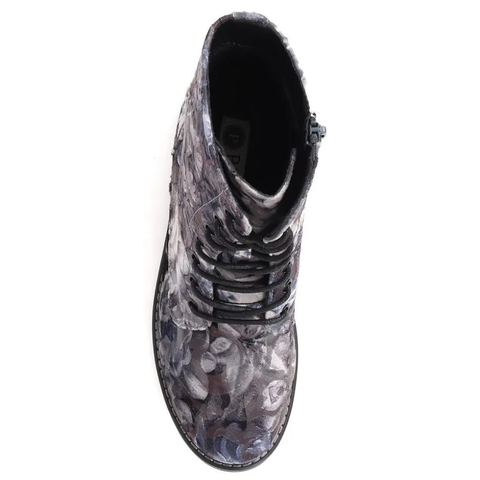 Chunky Lace-Up Ankle Boots - Grey Floral