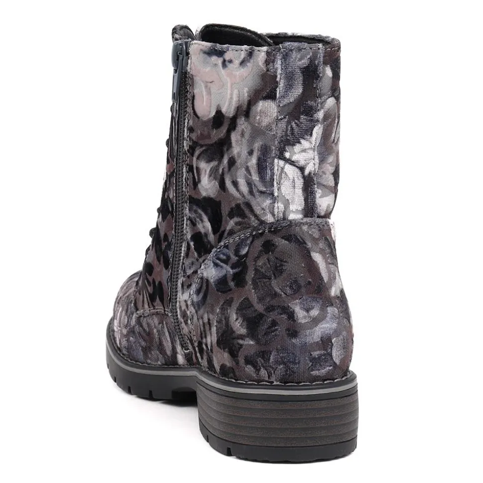 Chunky Lace-Up Ankle Boots - Grey Floral