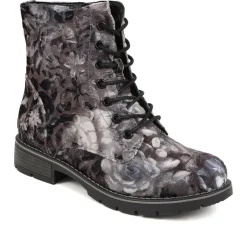 Chunky Lace-Up Ankle Boots - Grey Floral