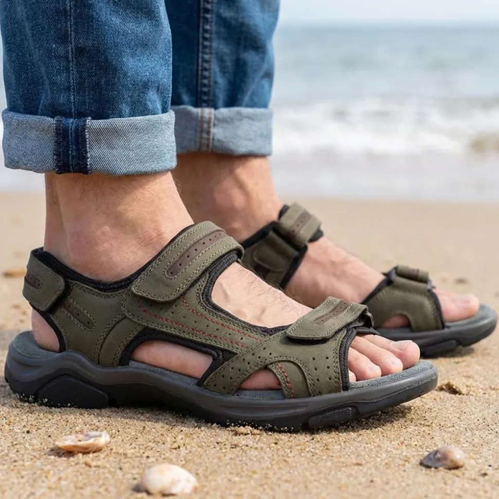 Comfy Triple Touch Fasten Sandals - Khaki