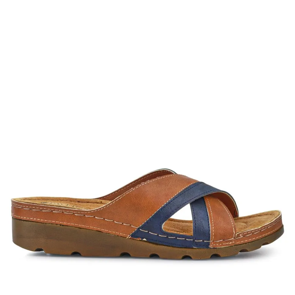 Crossover Mule Sandals - Tan-Navy