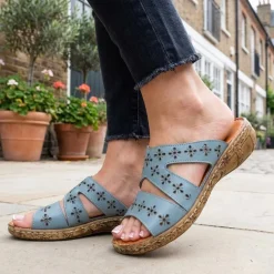 Cushioned Leather Mule Sandals - Denim