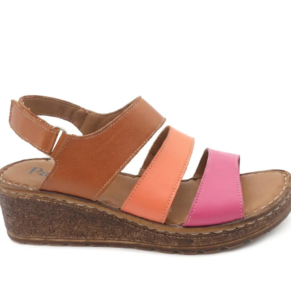 Cushioned Leather Wedge Heel Sandals - Tan Multi